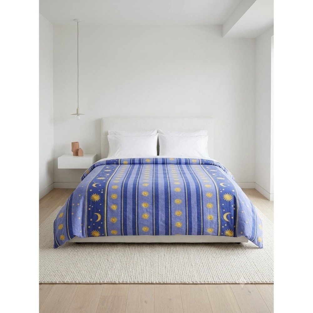 Vintage 90s Celestial Sun Moon Twin Duvet Cover Blue Yellow Stripe 72"x56"